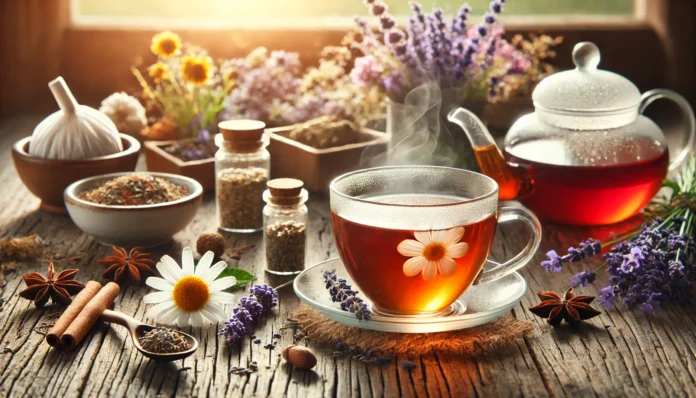 A close-up of a herbal tea setup on a rustic wooden table, featuring chamomile, lavender, and ashwagandha tea with steam rising from a glass teacup, bathed in soft natural sunlight, evoking a sense of calm and nervous system relaxation.