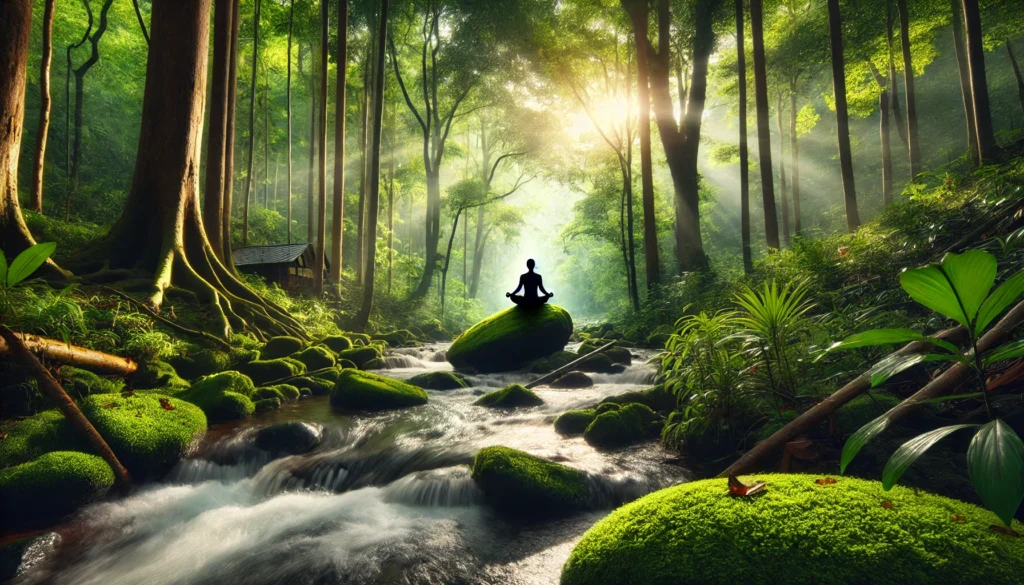 A serene forest with soft morning sunlight filtering through tall trees, featuring a person practicing deep breathing on a moss-covered rock near a flowing stream, symbolizing natural nervous system relaxation and stress relief.