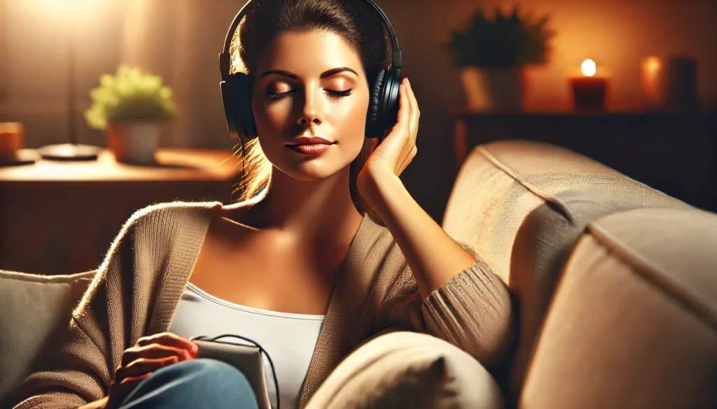 A woman sitting comfortably on a couch with her eyes closed, listening to soothing music through headphones. The soft lighting and warm tones of the room create a peaceful atmosphere, symbolizing the calming effects of sound therapy on the nervous system.