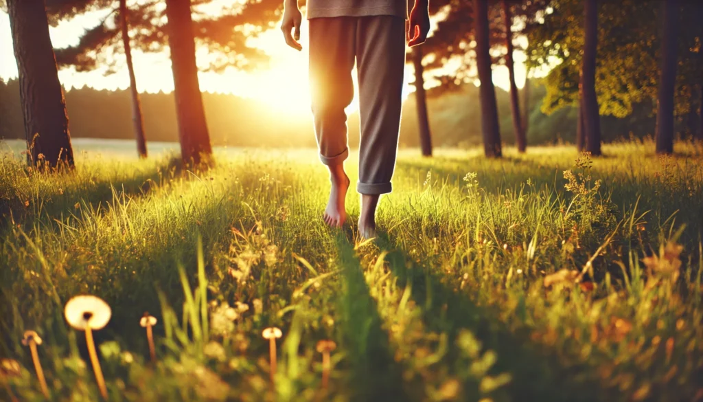 A person walking barefoot on a grassy field with warm sunlight filtering through trees, symbolizing grounding and reconnecting with nature for nervous system balance. The soft focus background enhances the feeling of tranquility and relaxation.