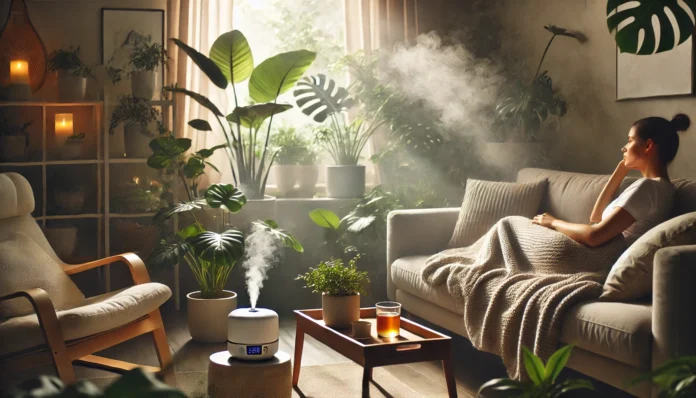 Serene living room with natural light, a person resting under a weighted blanket, surrounded by calming indoor plants, herbal tea, and an essential oil diffuser emitting mist.
