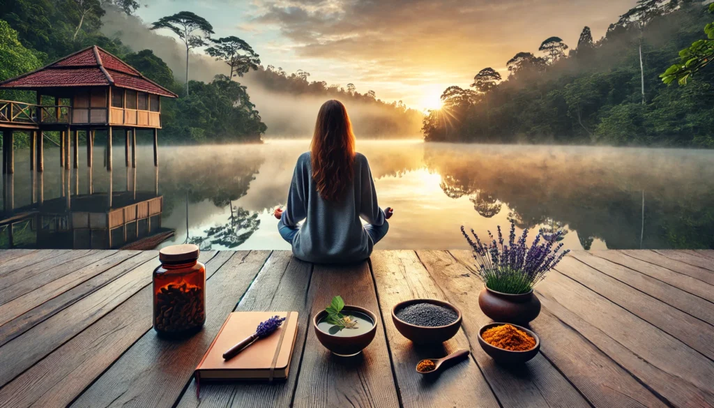 Peaceful lakeside scene at sunrise with a person meditating on a wooden deck, fog rolling over the water, bowls of lavender and ashwagandha nearby, and a journal on the ground.