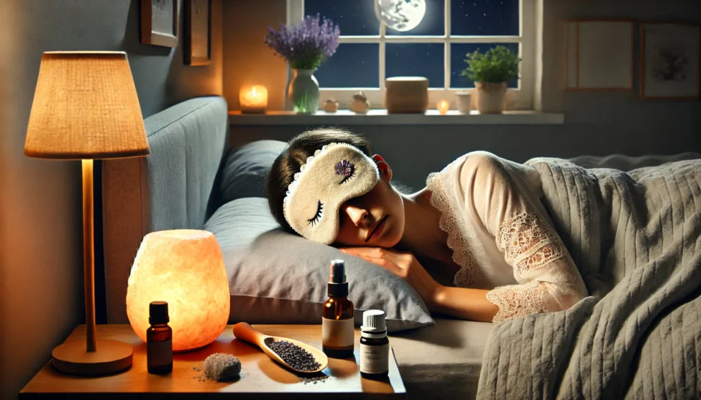 Cozy bedroom at night with a person sleeping peacefully using a weighted sleep mask and lavender pillow, with a Himalayan salt lamp, chamomile spray, and CBD oil on the nightstand.