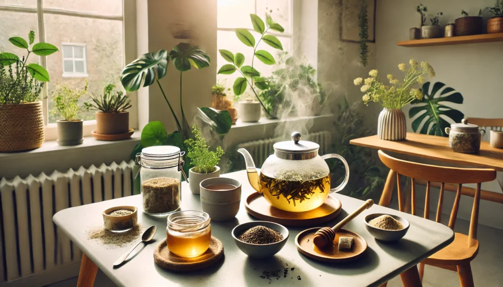 Bright kitchen table with herbal teas, adaptogenic powders, a steaming glass teapot, and honey, surrounded by green plants and bathed in morning sunlight.