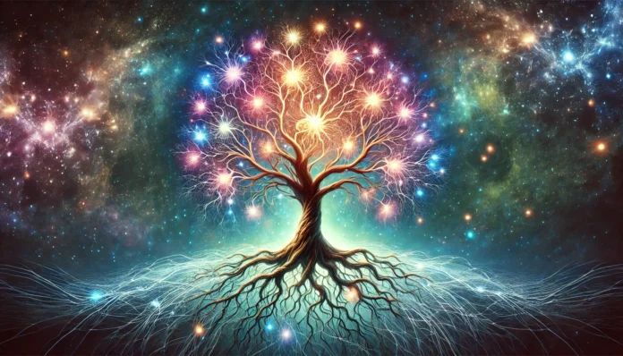A glowing tree with branches and roots forming a neural network, symbolizing the connection between nature, brain health, and longevity, set against a cosmic background with pulsating energy.