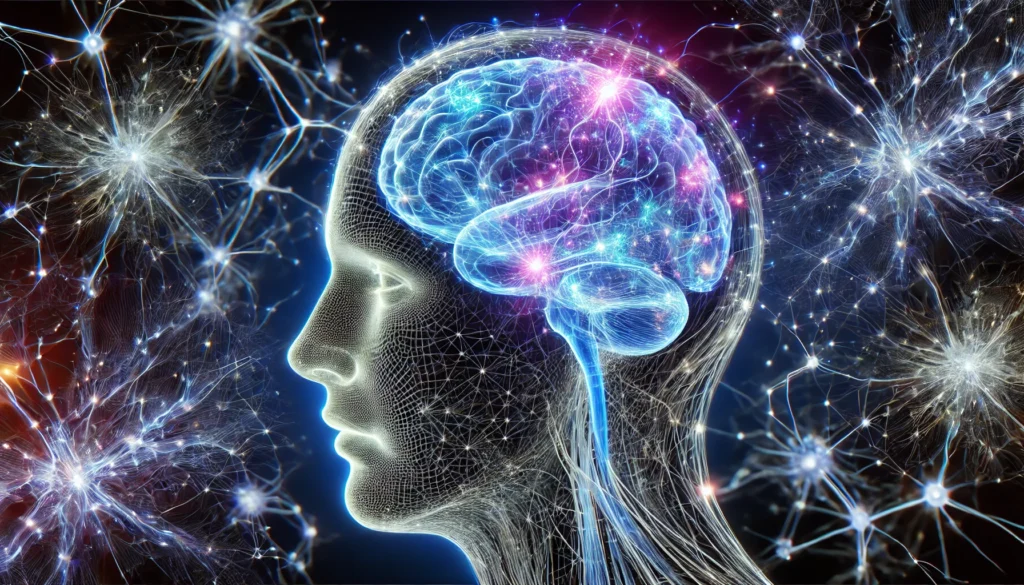 A dynamic depiction of a human head with a transparent skull, showcasing glowing neural pathways in electric blue and violet, representing enhanced brain function, cognitive longevity, and neural efficiency.
