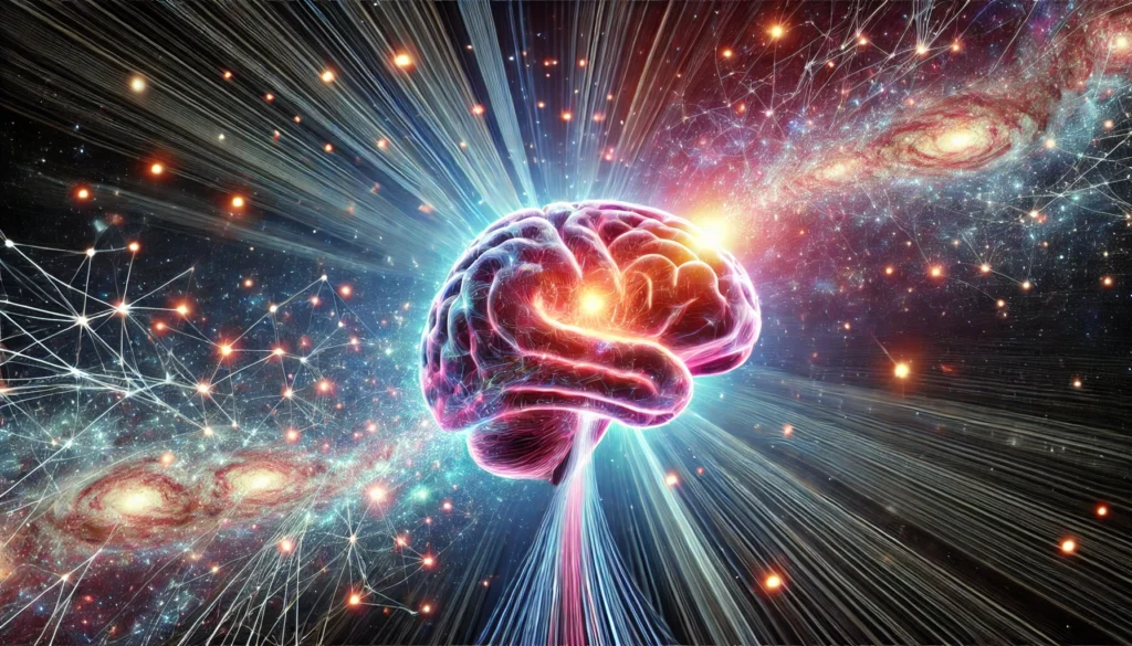 A surreal depiction of a glowing human brain merging with a cosmic galaxy, symbolizing infinite neural connections, cognitive expansion, and enhanced brain function for longevity.
