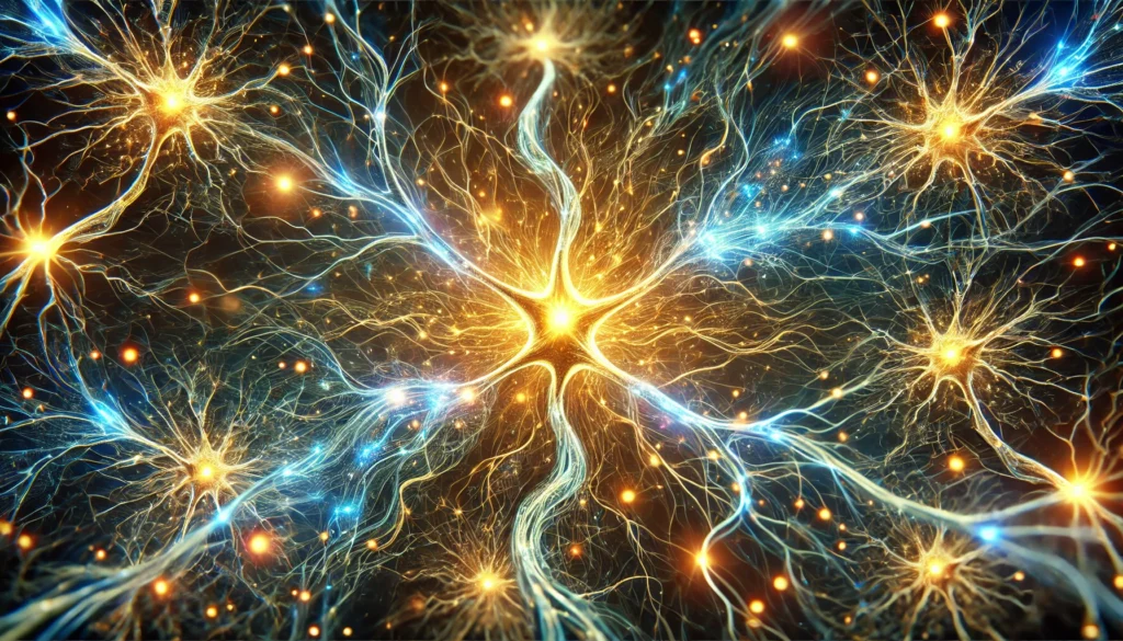 A detailed artistic depiction of neurons firing with glowing electrical impulses, forming a vibrant network of neural connections in blue and gold, symbolizing brain health, cognitive enhancement, and neuroplasticity.