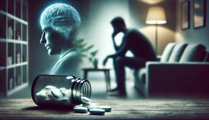 A person sits on a couch in a dimly lit room, deep in thought, with a pill bottle on a table nearby—symbolizing contemplation over using benzodiazepines for anxiety.