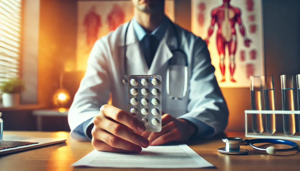 Close-up of a doctor’s hands holding a blister pack of pills, with a stethoscope and charts in the background, visually representing the medical aspect of anxiety treatment with benzodiazepines.