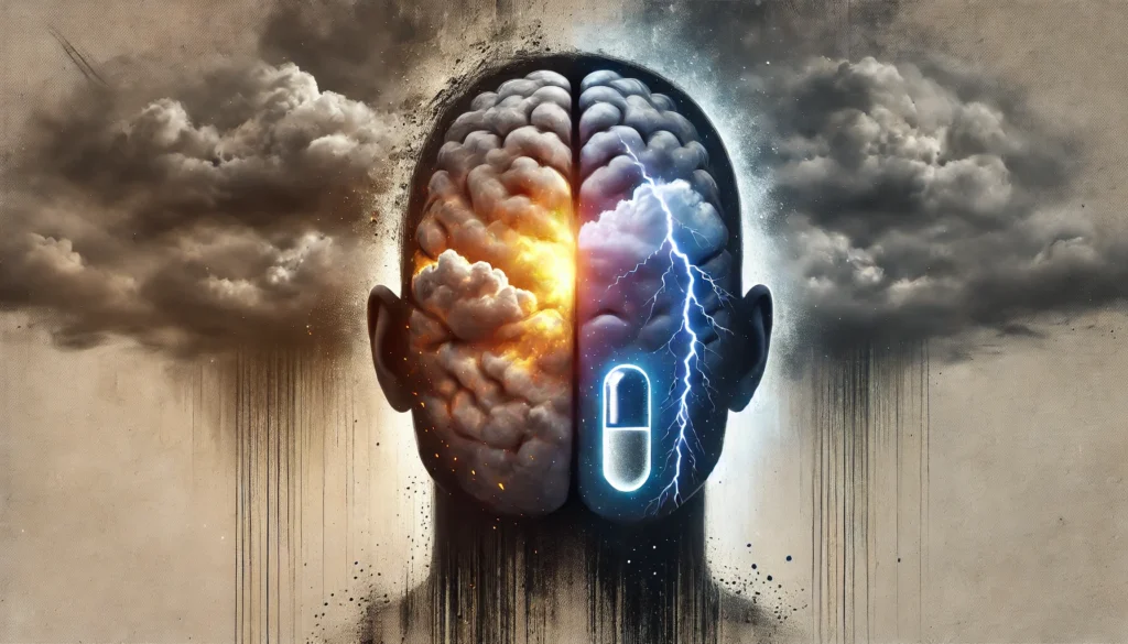 A human brain split into two halves—one stormy and chaotic, the other calm and glowing—symbolizing the mental impact of anxiety and the potential relief through benzodiazepine medication.