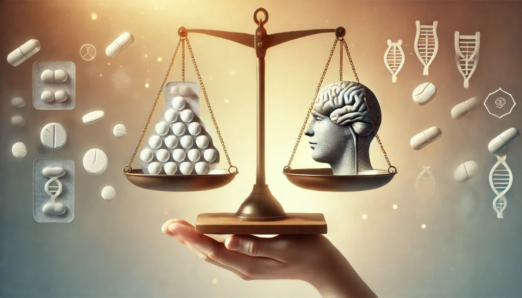 A balanced scale holding white pills on one side and a brain icon on the other, with warm and cool tones in the background, visually representing the balance between benefits and risks of benzodiazepines for anxiety.