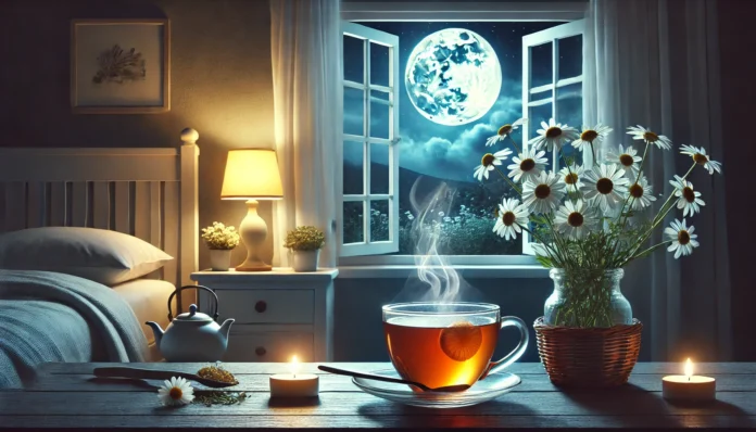 Peaceful nighttime bedroom with a warm bedside glow, chamomile tea on a nightstand, and an open window revealing a moonlit garden – evoking a restful sleep environment supported by natural remedies.
