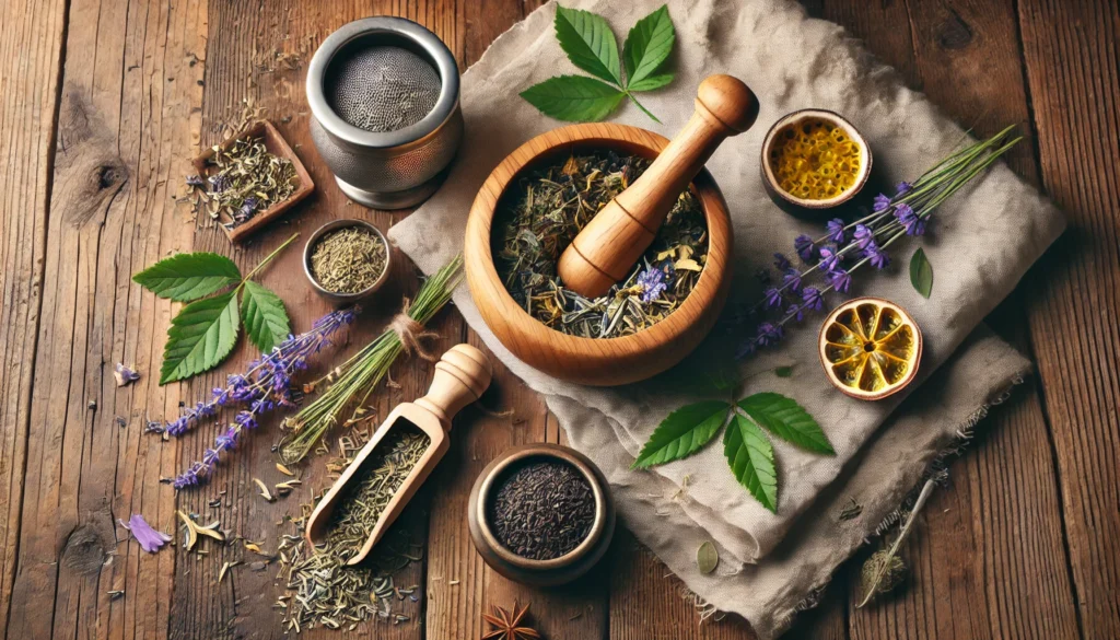 Flat lay of herbal insomnia remedies including dried valerian root, lavender, lemon balm, and passionflower, arranged on a rustic wooden surface with tea tools for a natural sleep solution