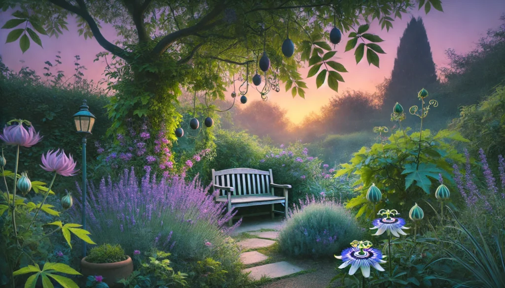 Tranquil garden at twilight with blooming lavender, valerian plants, and passionflower vines, symbolizing the soothing power of nature's herbs for better sleep.