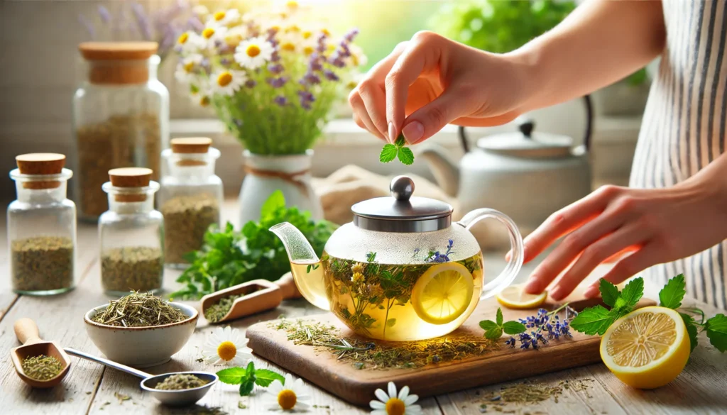 Close-up of hands preparing herbal tea with chamomile, lemon balm, and lavender, on a cozy wooden kitchen surface – illustrating natural, side-effect-free remedies for insomnia.