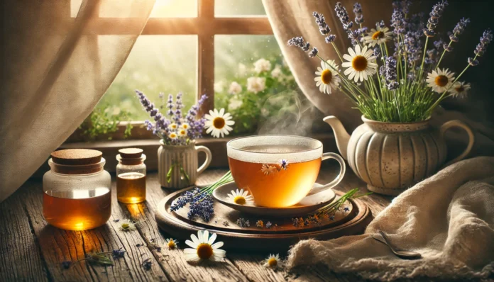 A steaming cup of chamomile and lavender tea on a rustic wooden table near a sunlit window, surrounded by fresh flowers and soft natural textures evoking peace and relaxation.