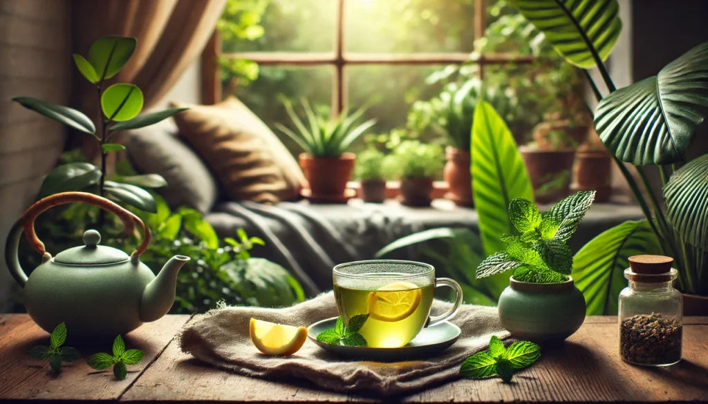 A cozy tea nook with green tea, lemon slices, and mint leaves surrounded by indoor plants and a soft-focus garden view through a window, representing a tranquil, stress-free environment.
