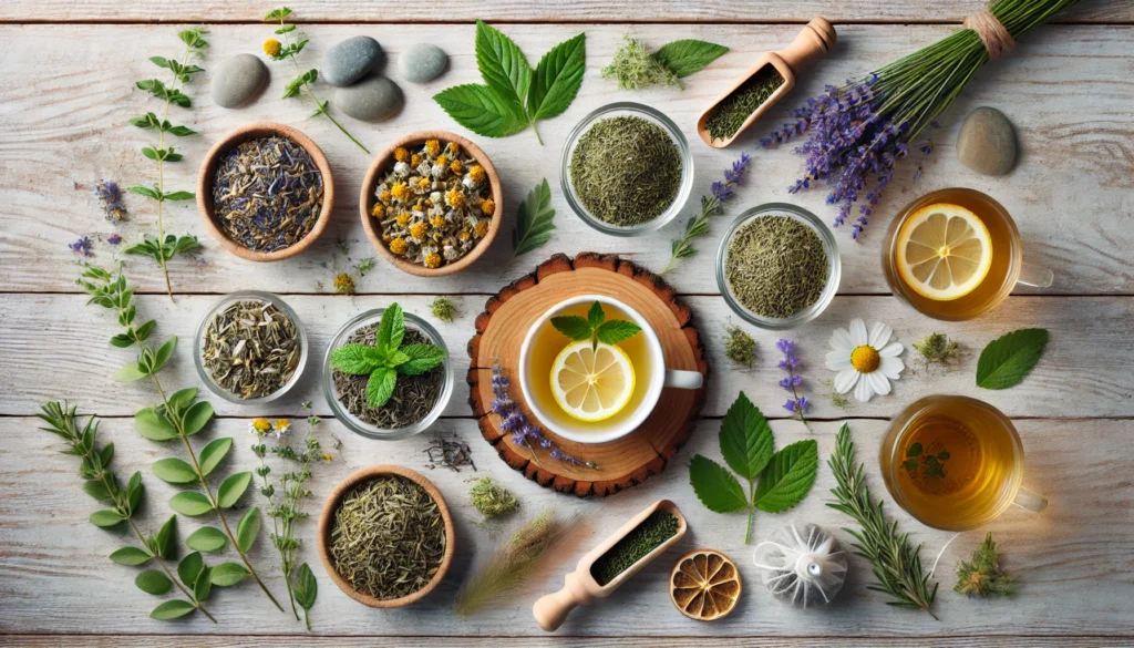 A flat lay of herbal teas including chamomile, lemon balm, lavender, and green tea with loose herbs and natural calming elements like stones and feathers on a wooden surface.