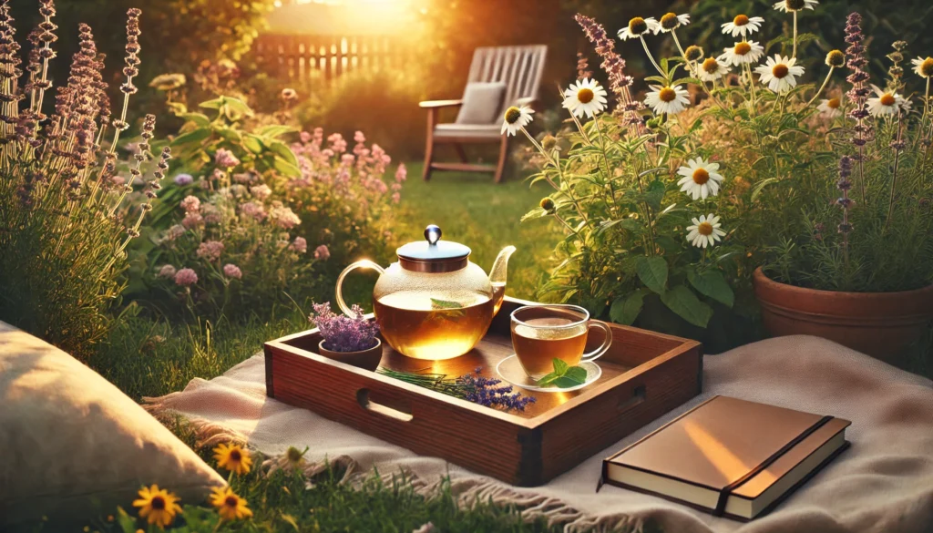An outdoor garden setting at golden hour with a teapot of herbal tea, surrounded by blooming chamomile and lavender, a soft blanket, and a journal creating a calm, mindful atmosphere.