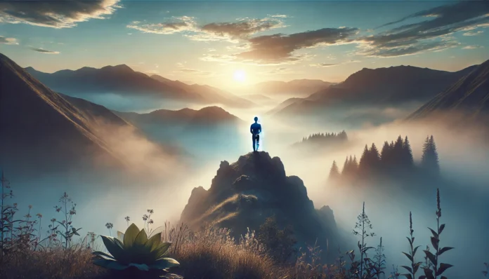 A peaceful person standing on a misty mountain peak at sunrise, symbolizing inner calm and mental relief from anxiety. The serene environment visually represents the calming effects of beta blockers.