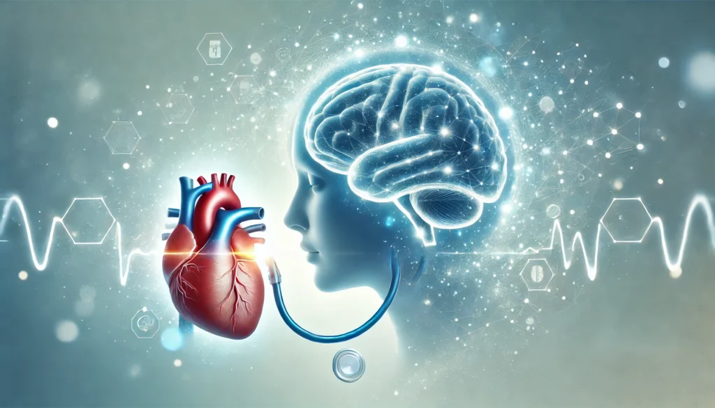 A conceptual medical illustration of a human heart and brain connected by glowing energy, depicting the physiological link between blood pressure medication and mental health.