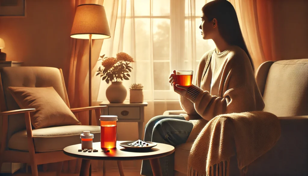 A calm individual seated in a cozy home setting, sipping tea beside a table with medication, conveying a sense of anxiety relief through lifestyle and medical support.