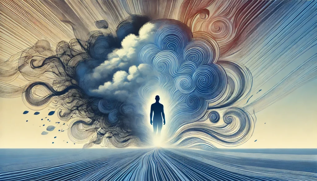 An abstract transition from a dark storm cloud to a peaceful blue sky, with a human silhouette in the center, artistically illustrating the transformation from anxiety to calm aided by beta blockers.