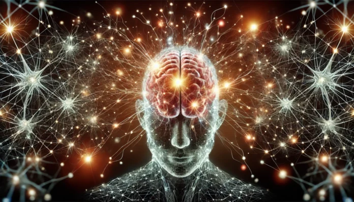 Abstract representation of neuron synapses firing with glowing energy bursts across a neural network, emphasizing cognitive processes, memory, and brain health.