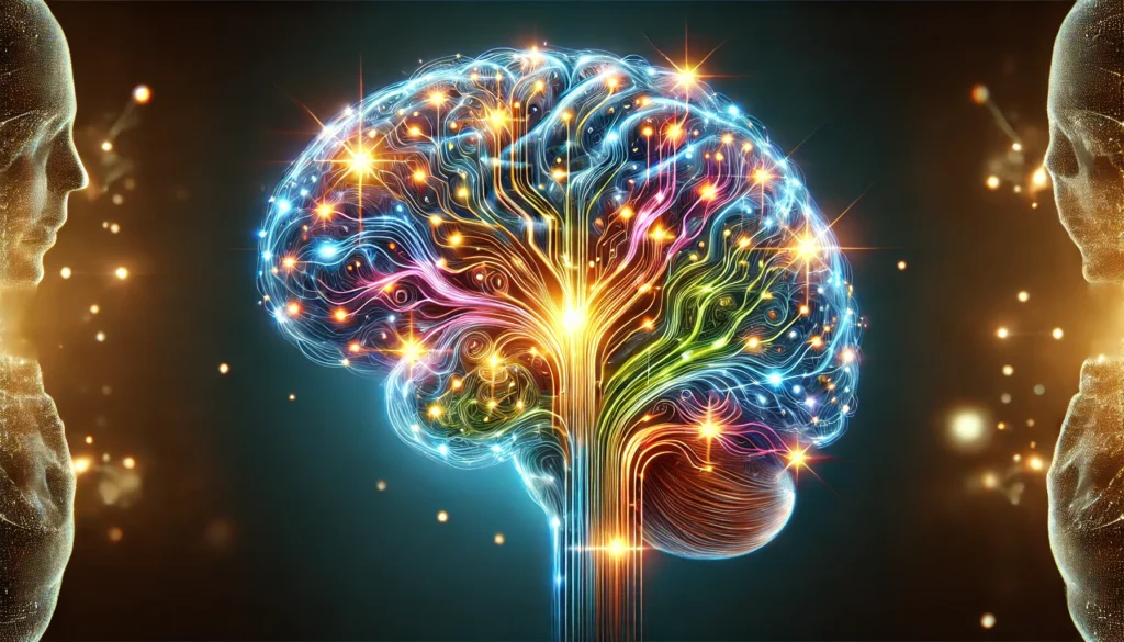 Cross-sectional view of the human brain with lit-up neural pathways, symbolizing active cognition, neuroplasticity, and long-term brain vitality.