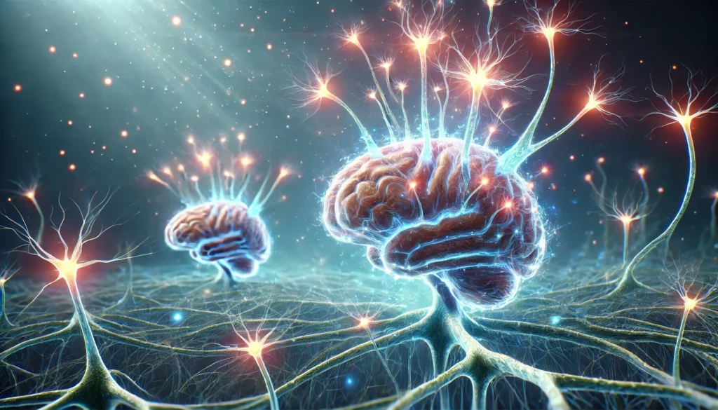 Conceptual visualization of neuron regeneration in the aging brain, with new neural branches glowing as they grow from existing cells, symbolizing cognitive resilience and longevity.