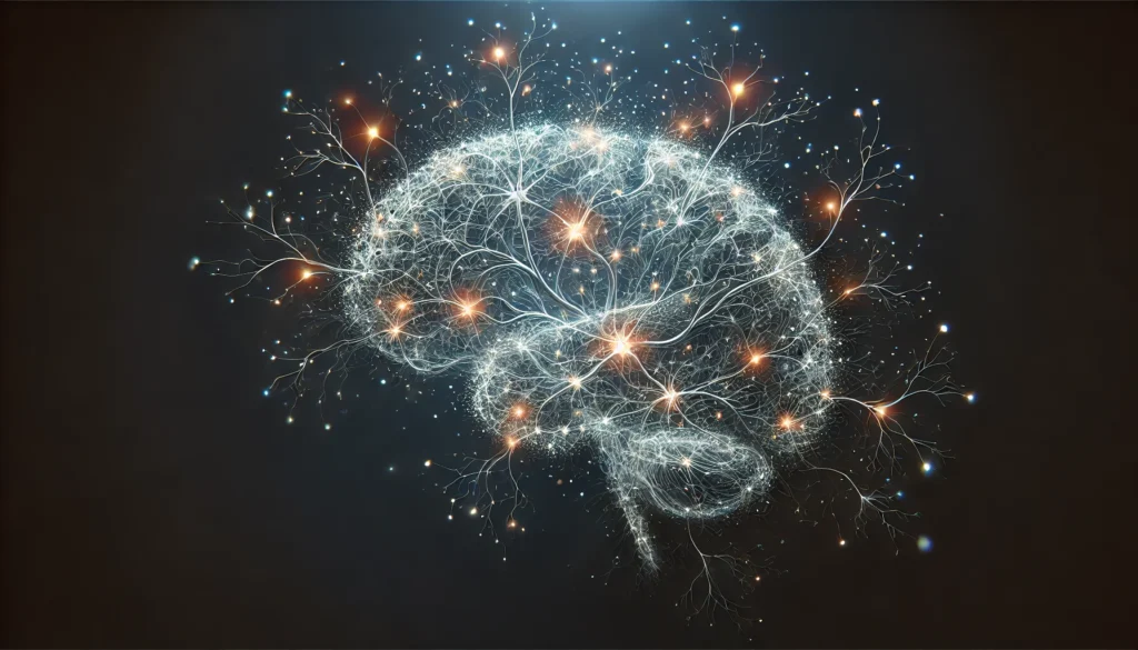 Artistic depiction of the human brain formed entirely from branching neurons and glowing synapses, highlighting the complexity of brain structure and its role in cognitive health.