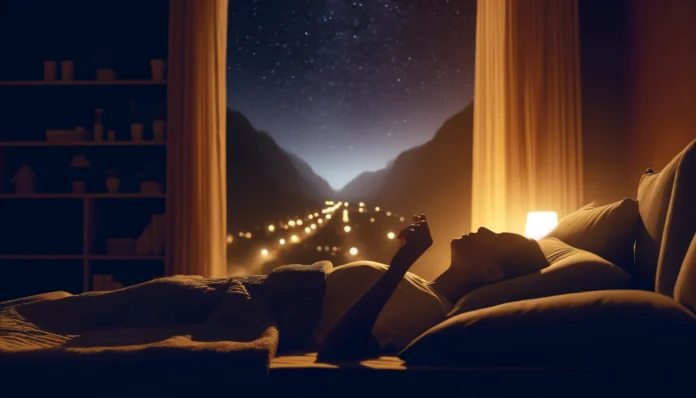 A peaceful bedroom at night with warm lighting, a person lying in bed practicing deep breathing beneath cozy blankets, with a starry night sky visible through the window, symbolizing restful sleep.