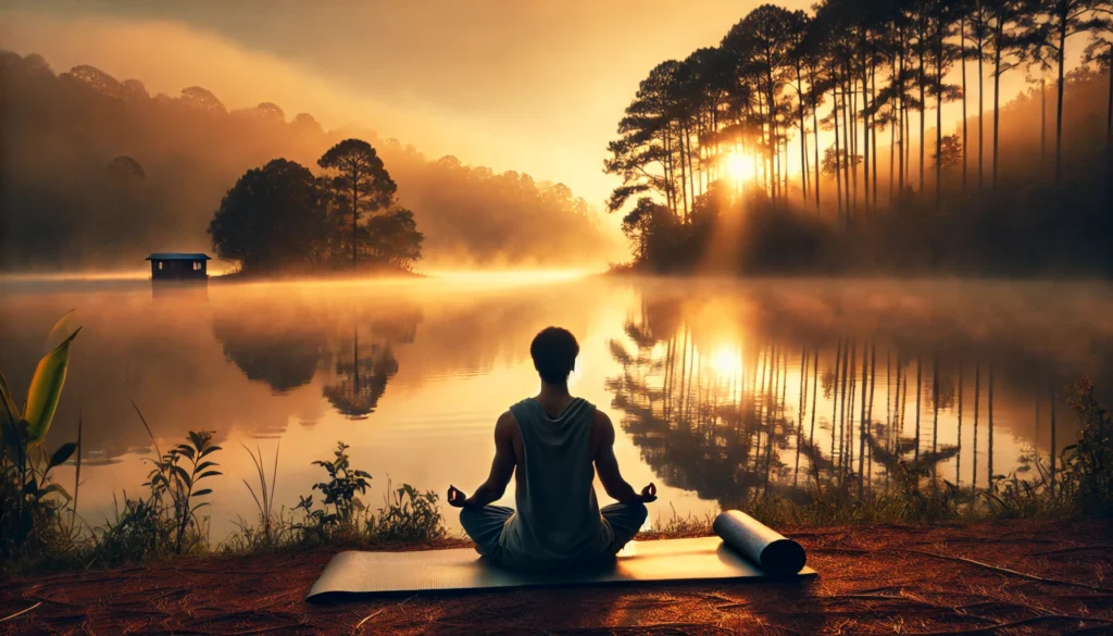 A person sitting cross-legged at sunrise near a misty lake, calmly practicing breathing exercises in a serene natural setting surrounded by trees and soft golden light.