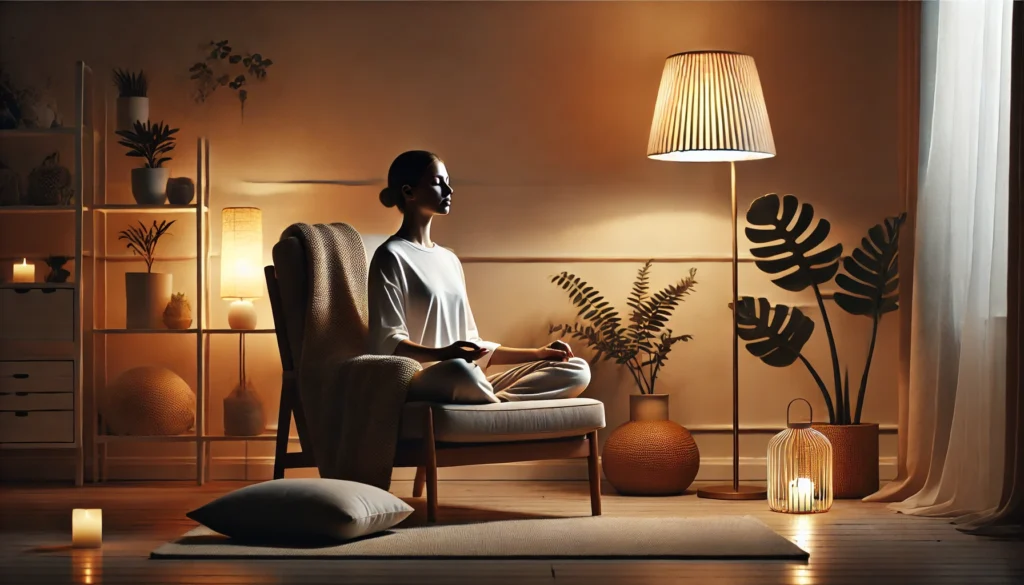 A person sitting in a cozy armchair in a softly lit room, eyes closed and practicing deep breathing, surrounded by indoor plants, a soft blanket, and a warm ambient glow.