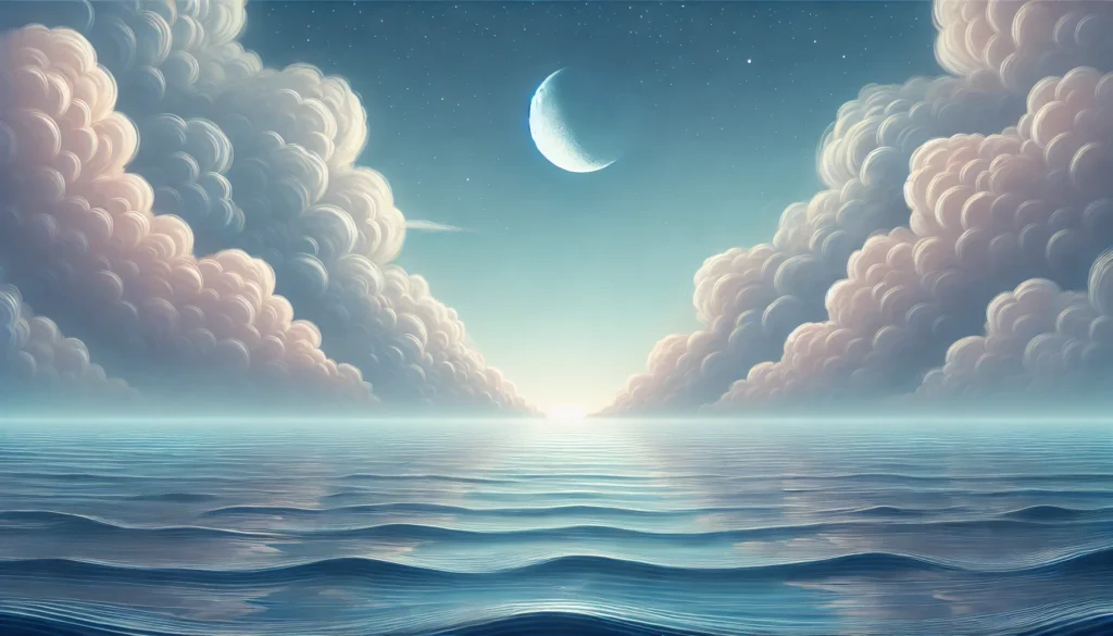 A calm ocean under a dreamy evening sky with soft clouds and a crescent moon, where gentle waves create a peaceful and meditative atmosphere ideal for sleep and anxiety relief.