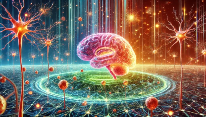 Vibrant interior view of the human brain showing dynamic neuron-glial cell interactions with energy pulses, illustrating neuroplasticity and healthy brain aging.