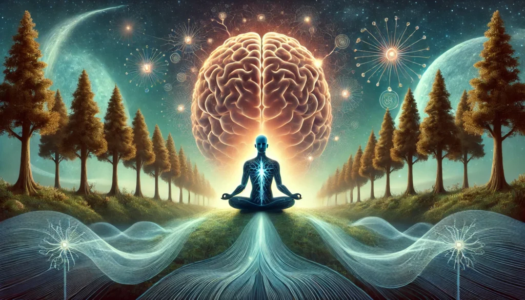 Serene science-inspired landscape with a meditating human figure inside a glowing brain-shaped neural forest, merging nature, mindfulness, and cognitive longevity.