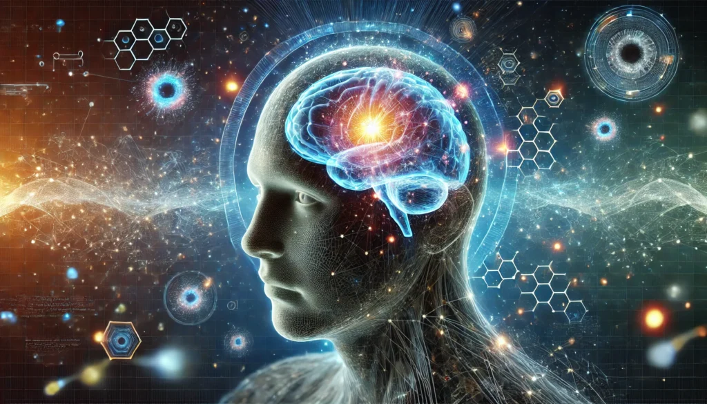 High-tech concept of brain enhancement showing a glowing brain inside a semi-transparent human head, surrounded by neural data streams and AI interfaces in a cosmic digital environment.