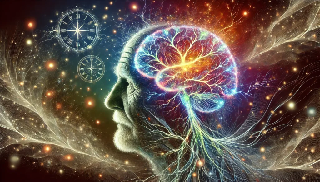 Artistic visualization of an aging brain regenerating with vibrant neural connections, set against a fading elderly silhouette and surreal elements representing memory, time, and renewal.