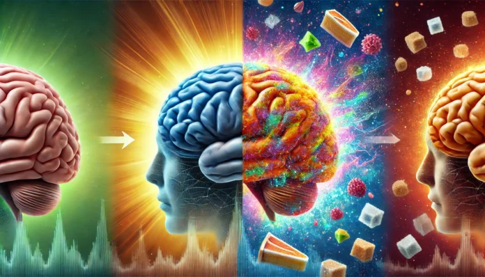 Conceptual image of a human brain transitioning from healthy to inflamed and aged, symbolizing the progressive cognitive impact of long-term sugar consumption.