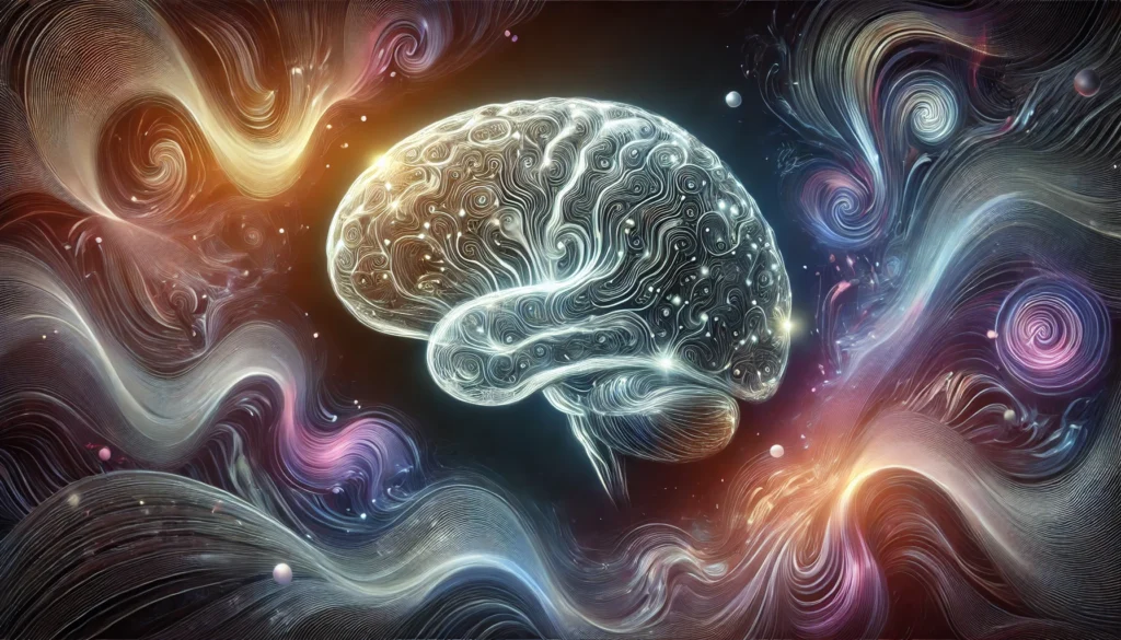 Artistic depiction of a human brain enveloped by flowing abstract patterns and glowing circuits, symbolizing obsessive thought loops in a dark, cognitive landscape.