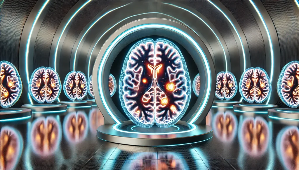 3D visualization of multiple human brains inside a modern MRI chamber, highlighting one brain with intense activity in OCD-related regions like the orbitofrontal cortex.