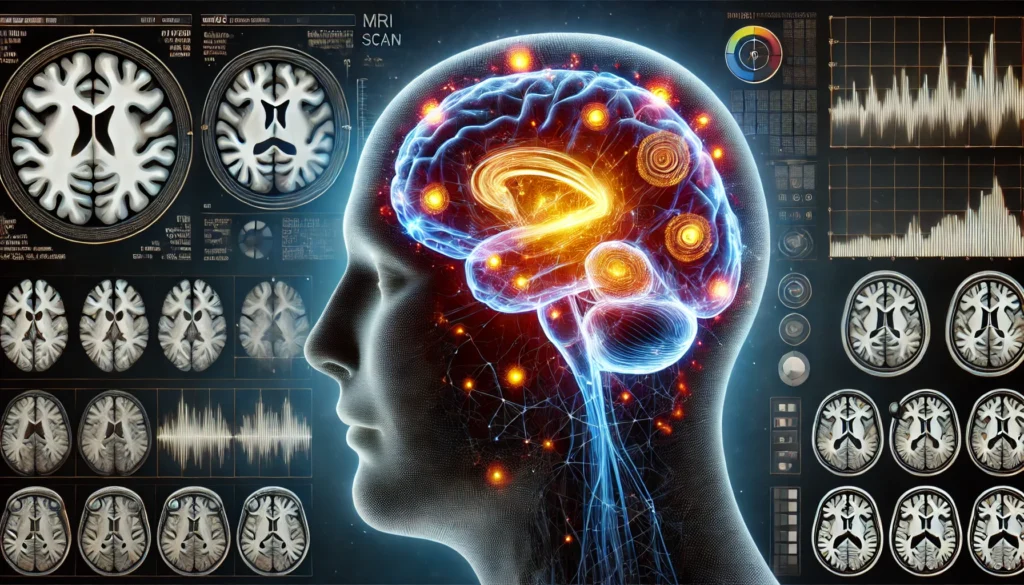 Futuristic rendering of a translucent human head with a glowing, overactive brain, surrounded by digital brainwave patterns in a high-tech neuroscience lab.