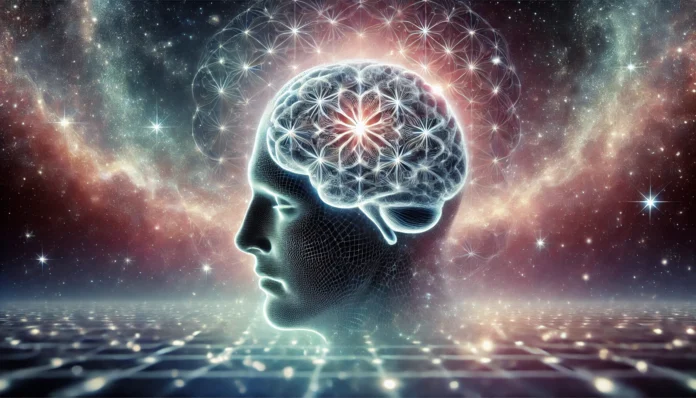 Surreal visualization of a human brain floating in cosmic space with symmetrical neural structures and repeating patterns, symbolizing obsessive-compulsive activity and introspection tied to longevity.