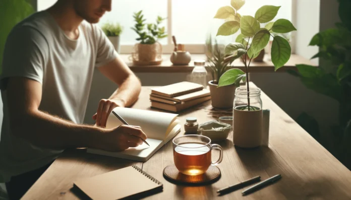 A naturally lit minimalist workspace with a person focused on writing at a clean desk, surrounded by a potted plant and a cup of herbal tea, symbolizing mindfulness and productivity.