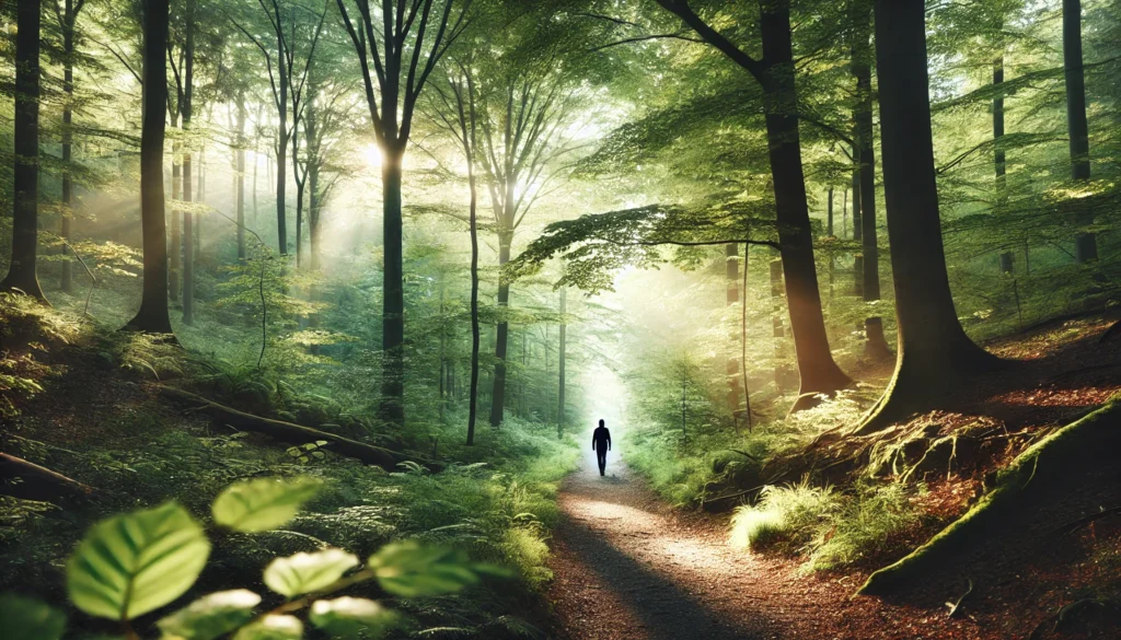 A person walking peacefully on a forest trail in early morning sunlight, surrounded by lush greenery, representing the cognitive benefits of nature and mindful movement.