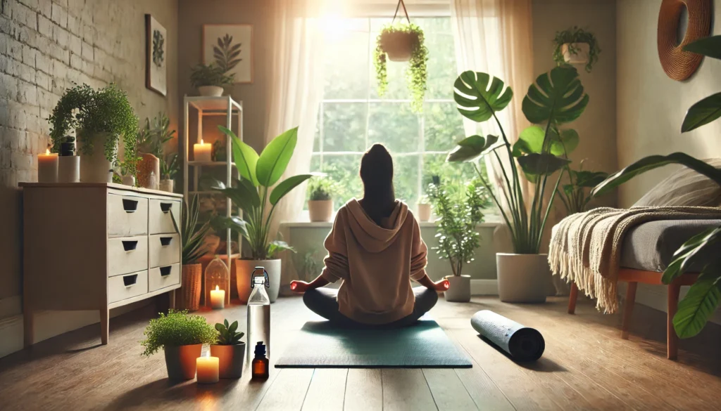 A tranquil indoor space with a person meditating cross-legged on a yoga mat, surrounded by houseplants and natural light, emphasizing focus and mental clarity through mindfulness.