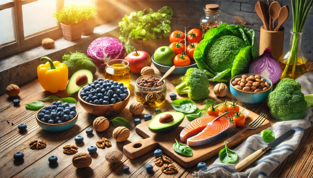 A vibrant kitchen table with fresh brain-boosting foods including blueberries, salmon, avocado, walnuts, and leafy greens, highlighting the role of nutrition in improving attention span.