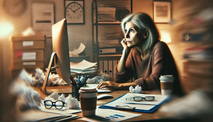 A middle-aged woman sits at a cluttered desk, staring blankly at her computer screen in a dimly lit room, surrounded by paperwork and coffee cups, symbolizing mental fatigue and poor concentration in adults.